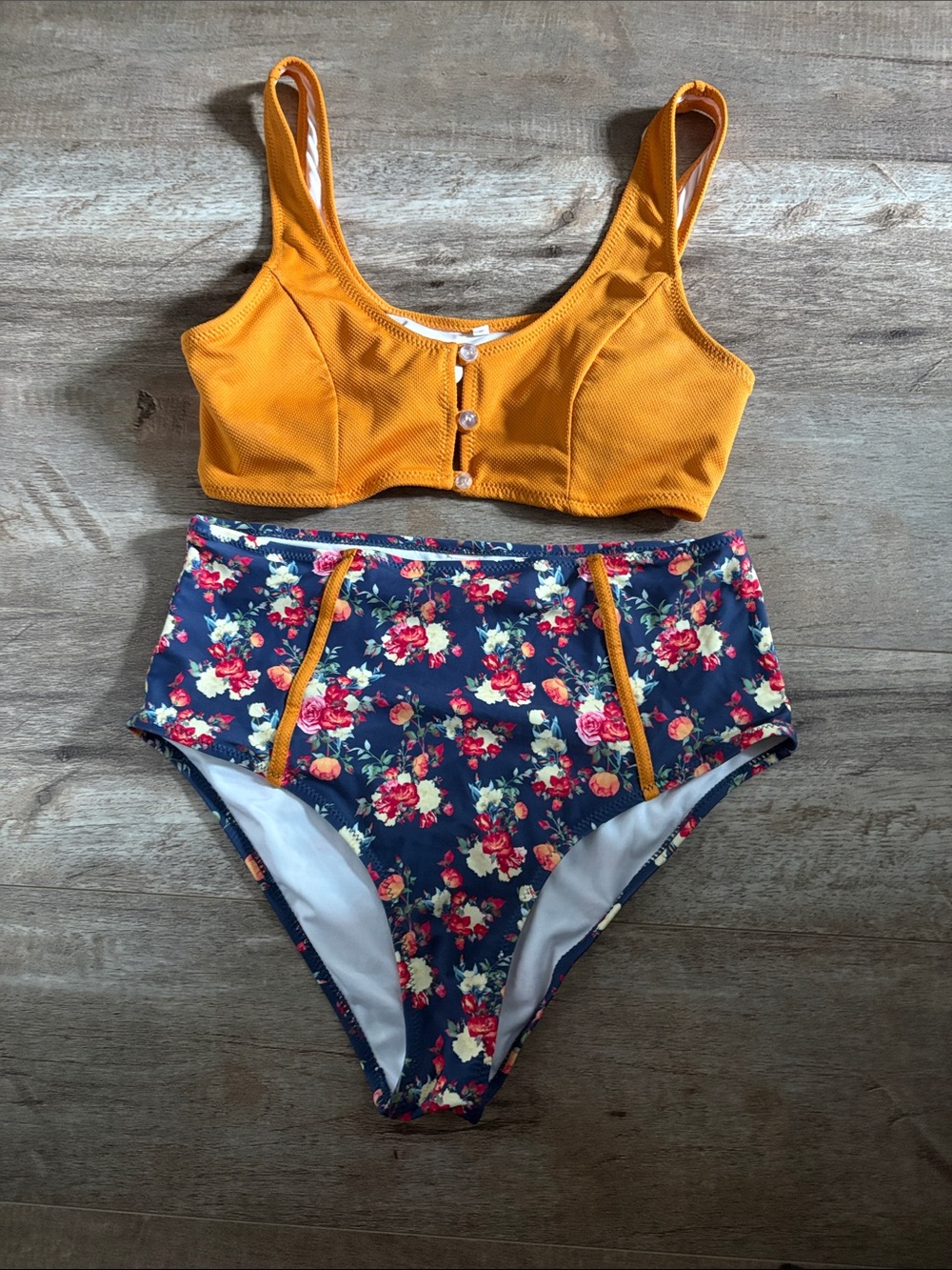 Cupshe Mustard Yellow Ribbed Bikini Top with Navy Floral High-Waist Bottom